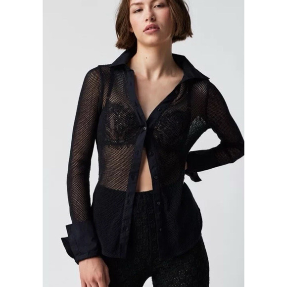 FREE PEOPLE Siggi Button Down Black Mesh Cotton Blouse Sz S Boho Goth Grunge - Picture 1 of 11